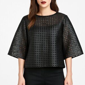 Faux Leather Basketweave Perforated Bell Sleeve Top Edgy Sculptural Minimalist